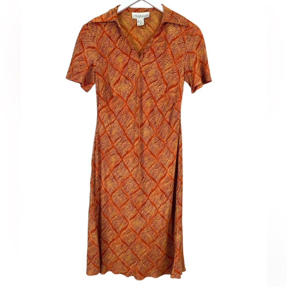 Diane Von Furstenberg Orange Print 100% Silk Tee Shirt Collar MIDI Dress XS
